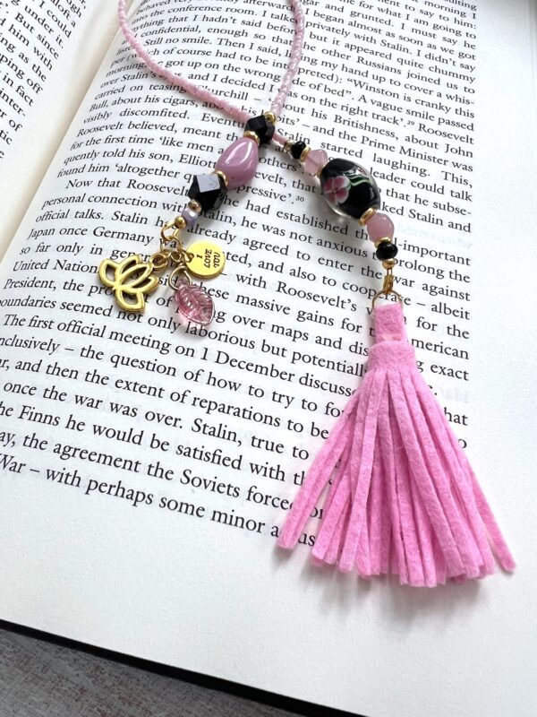 Black Flower Handblown Glass and Pink Tassel Lotus Flower "I Love You" Beaded Bookmark
