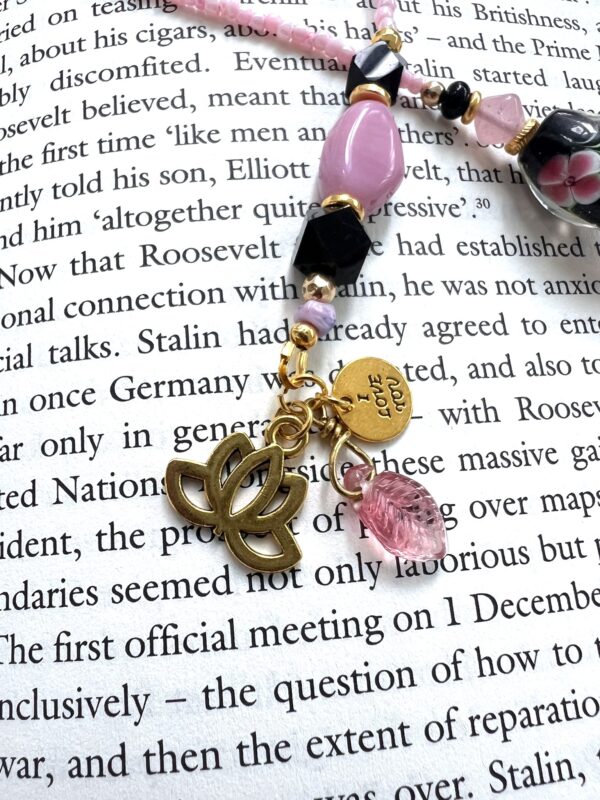 Black Flower Handblown Glass and Pink Tassel Lotus Flower "I Love You" Beaded Bookmark