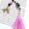 Black Flower Handblown Glass and Pink Tassel Lotus Flower "I Love You" Beaded Bookmark