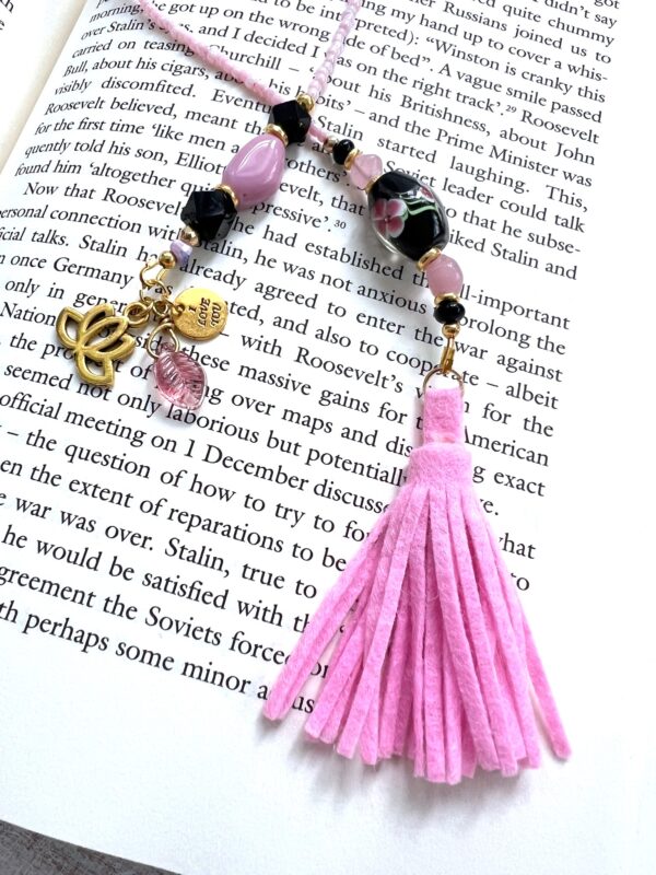 Black Flower Handblown Glass and Pink Tassel Lotus Flower "I Love You" Beaded Bookmark