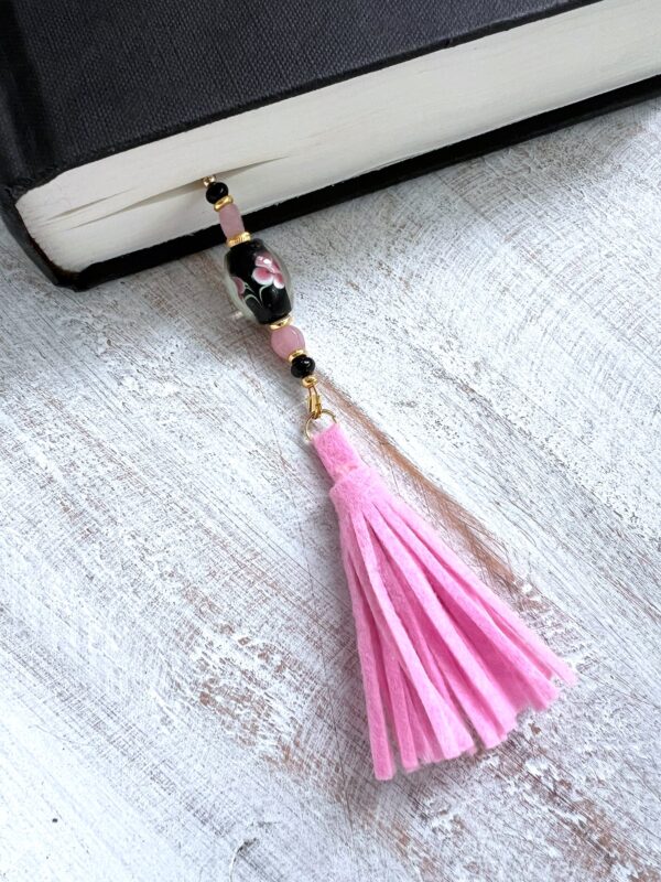 Black Flower Handblown Glass and Pink Tassel Lotus Flower "I Love You" Beaded Bookmark