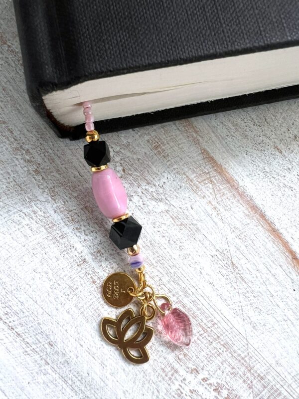 Black Flower Handblown Glass and Pink Tassel Lotus Flower "I Love You" Beaded Bookmark
