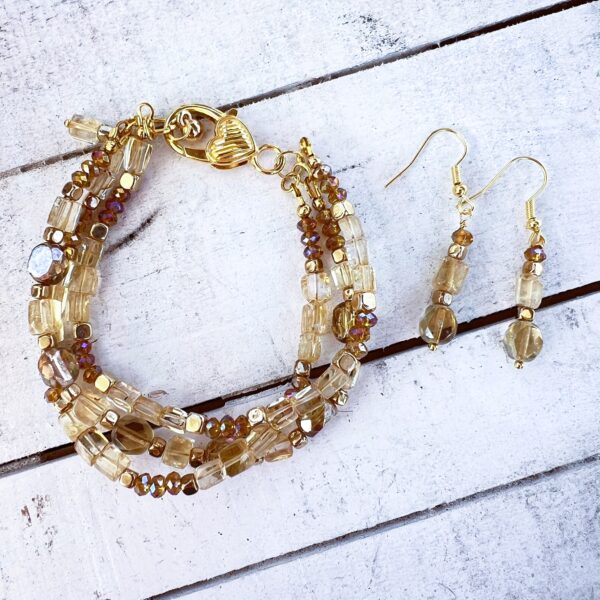 Semiprecious Amber and Gold Glass Multi-strand Bracelet & Earrings Set
