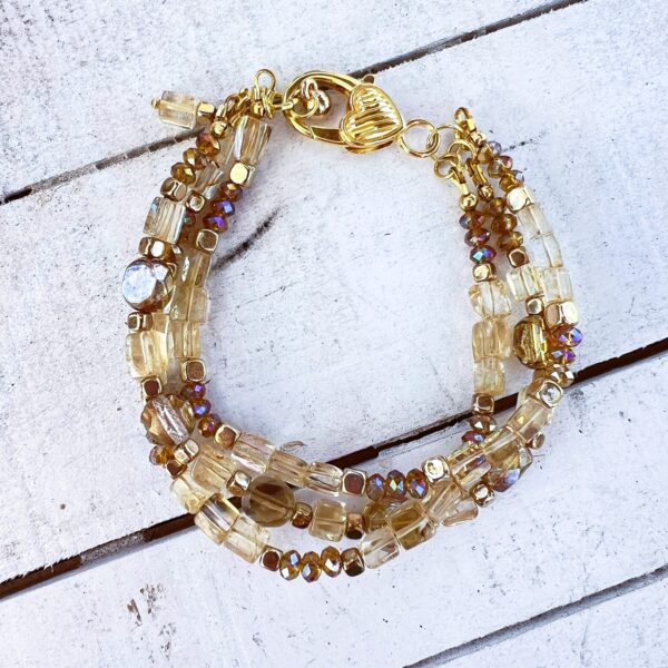 Semiprecious Amber and Gold Glass Multi-strand Bracelet & Earrings Set