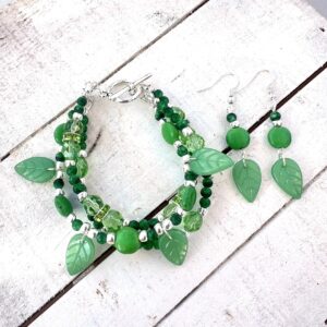 Green Leaf Multi-Strand Bracelet & Earrings Set