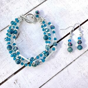 Teal and Silver Multi-Strand Bracelet & Earrings Set with Dolphin Charm