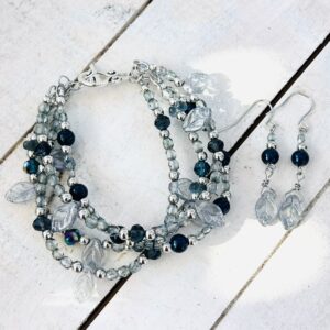 Navy and Gray Leaf Multi-Strand Bracelet & Earrings Set