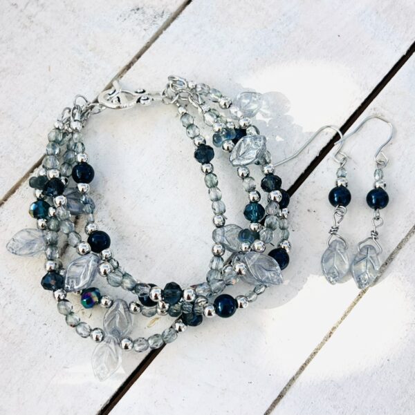 Navy and Gray Leaf Multi-Strand Bracelet & Earrings Set