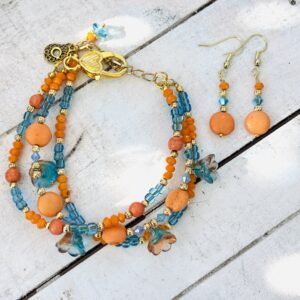 Teal and Orange Tulip Multi-Strand Bracelet & Earrings Set
