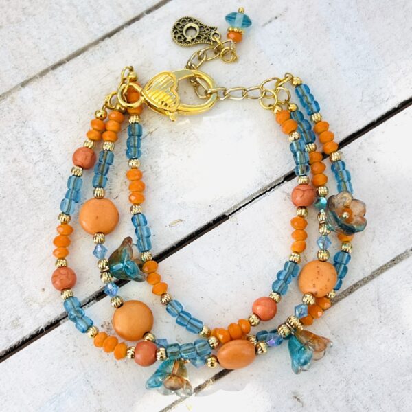 Teal and Orange Tulip Multi-Strand Bracelet & Earrings Set - Image 2