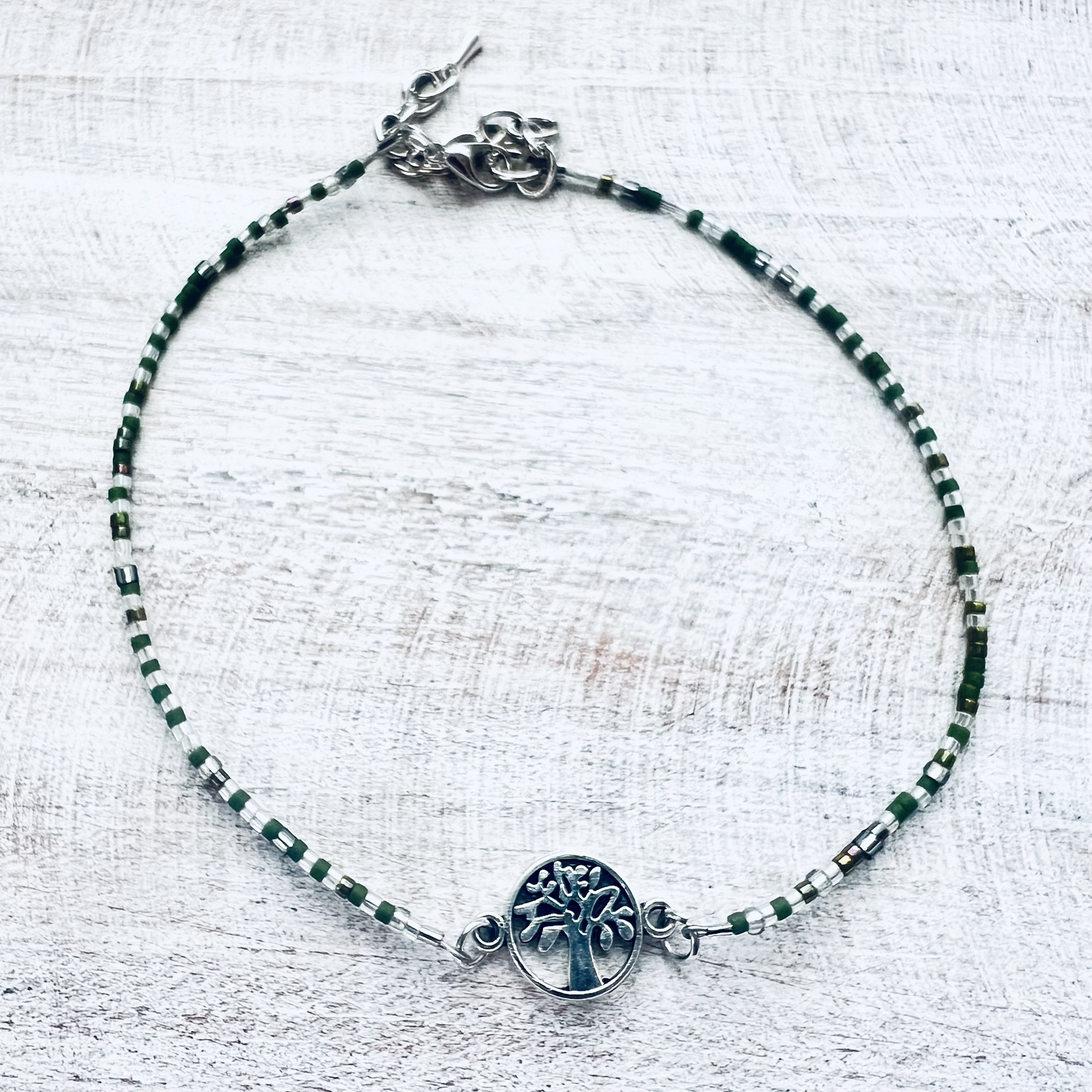 Green and White Tree of Life Beaded Anklet