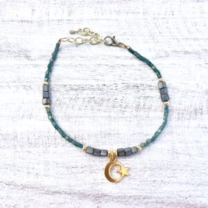 Iridescent Teal and Gray Moon and Star Beaded Anklet