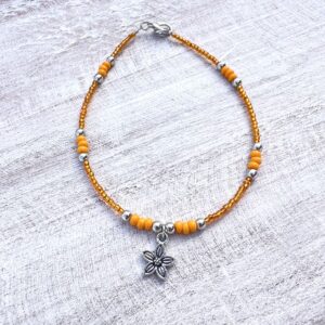 Orange and Silver Flower Beaded Anklet