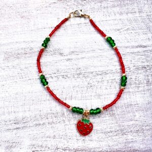 Red, Green and Gold Strawberry Beaded Anklet
