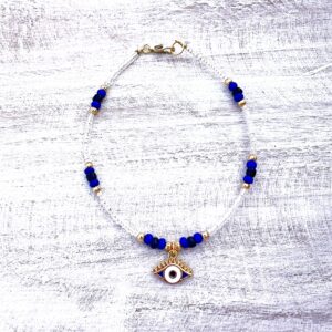 White, Blue and Black Evil Eye Beaded Anklet