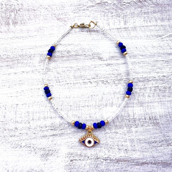 White, Blue and Black Evil Eye Beaded Anklet