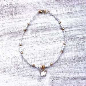 White and Gold Crown Beaded Anklet