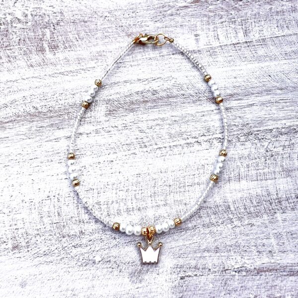 White and Gold Crown Beaded Anklet