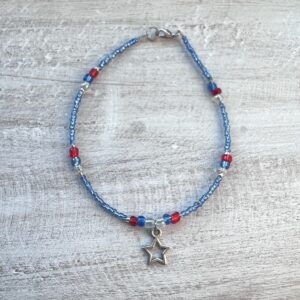 Red, White and Blue Glass Seed Bead Star Charm Anklet