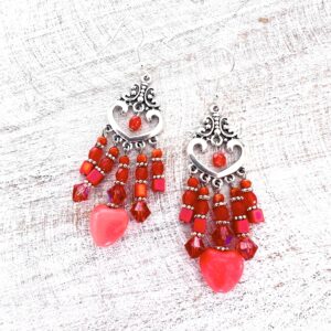 Salmon Turquoise Howlite and Glass Heart Chandelier Earrings