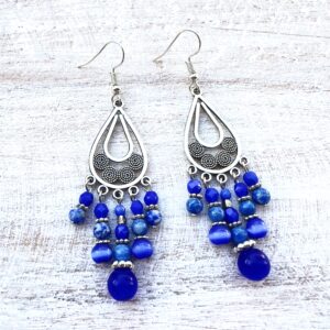 Royal Blue Glass & Stone Teardrop Chandelier Earrings