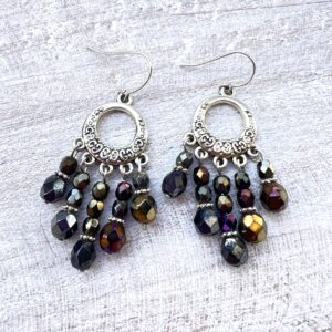 Iridescent Black Glass Five-Prong Circle Earrings