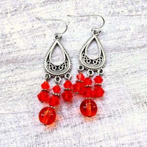 Orange Glass Three-Prong Teardrop Chandelier Earrings