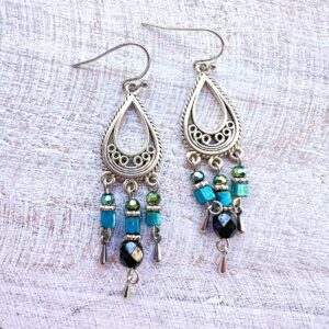 Iridescent Turquoise and Black Triple Prong Chandelier Earrings