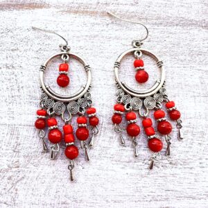 Red Bamboo and Glass Five-Prong Circle Chandelier Earrings