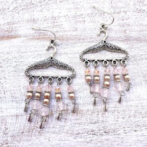 Light Pink Glass Five-Prong Clothes Hanger Chandelier Earrings