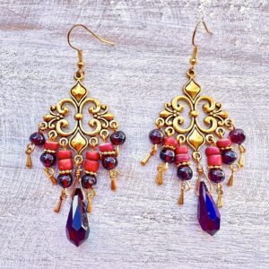 Two-Tone Red and Gold 5-Prong Filigree Chandelier Earrings