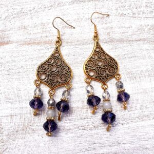 Two-Tone Purple 3-prong Gold Teardrop Chandelier Earrings