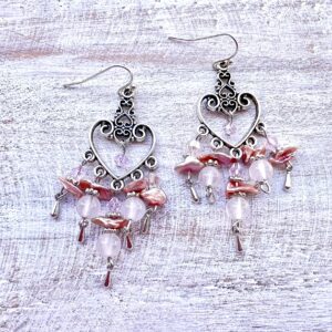 Rose Quartz & Pearl Heart Chandelier Earrings