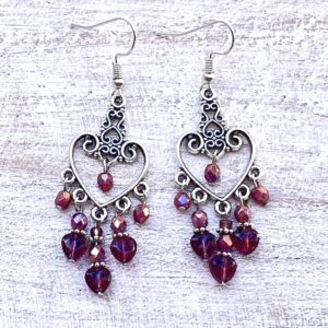 Purple Glass 5-Prong Heart Chandelier Earrings