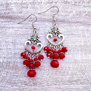 Red Glass 5-Prong Heart Chandelier Earrings