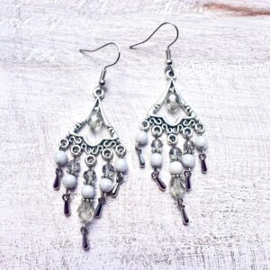 Gray Glass and Stone 5-Prong Chandelier Earrings