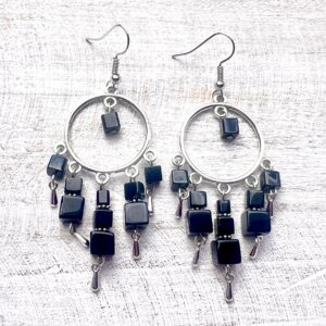 Black Glass 5-Prong Circle Chandelier Earrings