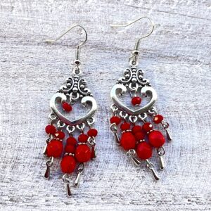 Red Glass 5-Prong Heart Chandelier earring