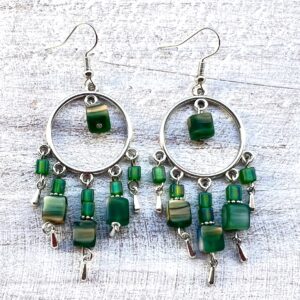 Green Glass 5-Prong Circle Chandelier Earrings