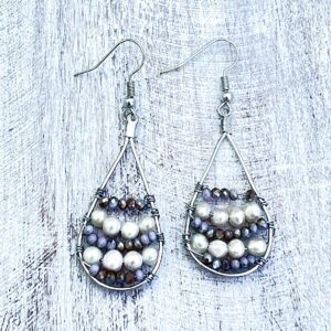 Glass and Freshwater Pearl Wire-Wrapped Teardrop Earrings