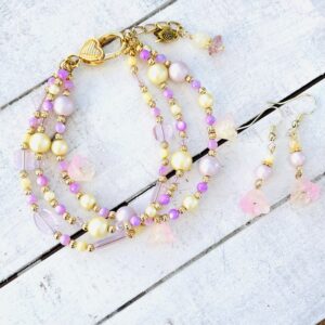 Pink and Yellow Tulip Multi-Strand Bracelet & Earrings Set