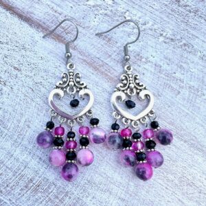 Hot Pink & Black Chalcedony Heart Chandelier Earrings