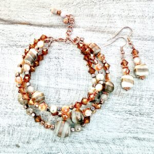 Bright Copper, Handblown Glass and Rust Glass Multi-Strand Bracelet & Earrings Set