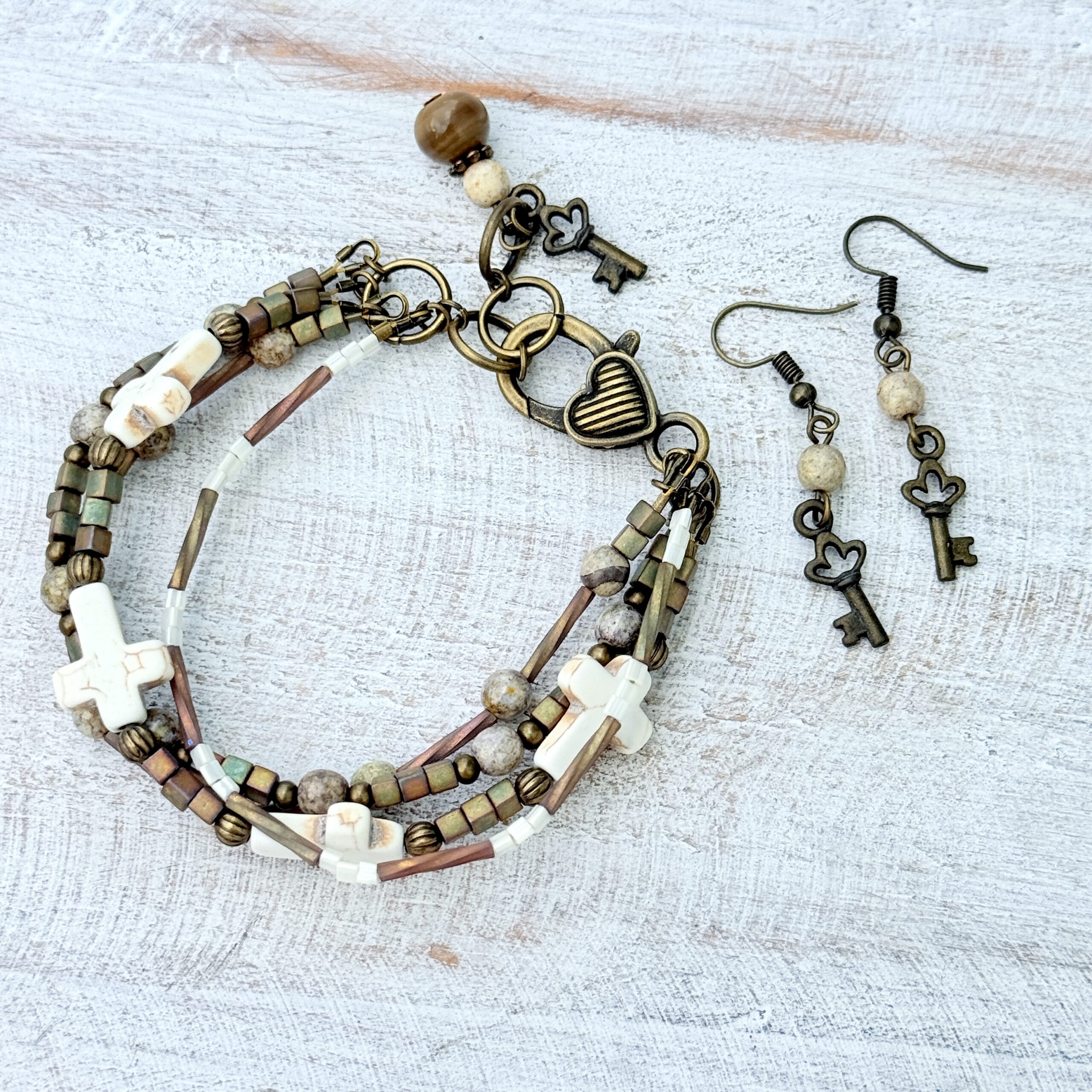 Turquoise Howlite Cross, Picasso Jasper & Czech Glass Bronze-Tone