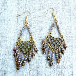Gray & Brown Nine-Prong Teardrop Chandelier Earrings