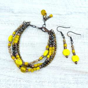 Yellow Turquoise Howlite and Czech Glass Copper-Tone Multi-Strand Bracelet & Earrings Set