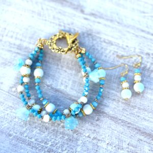White and Teal Glass Tulip Multi-Strand Bracelet & Earrings Set