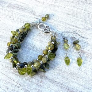 Serpentine and Green Glass Leaf Multi-Strand Bracelet & Earrings Set