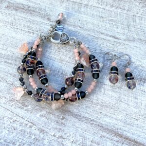 Peach and Black Tulip Multi-Strand Bracelet & Earrings Set