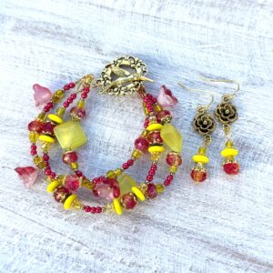 Red and Yellow Tulip Multi-Strand Bracelet & Earrings Set